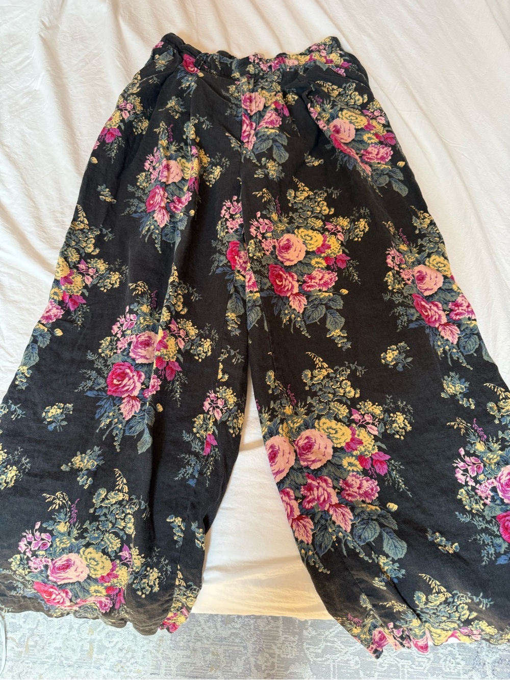 Anthropologie Linen Black Floral Wide Leg Pants - Pink & Yellow Rose Print
